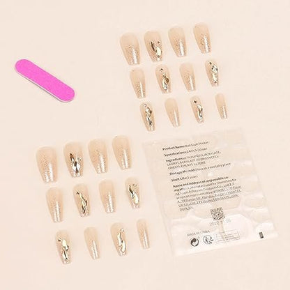 Hkanlre Bling Coffin Press on Nails - Gold Gradient Fake Nails, 24 Pcs Medium Full Cover
