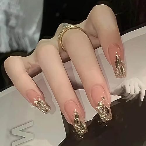 Hkanlre Bling Coffin Press on Nails - Gold Gradient Fake Nails, 24 Pcs Medium Full Cover - görsel 6