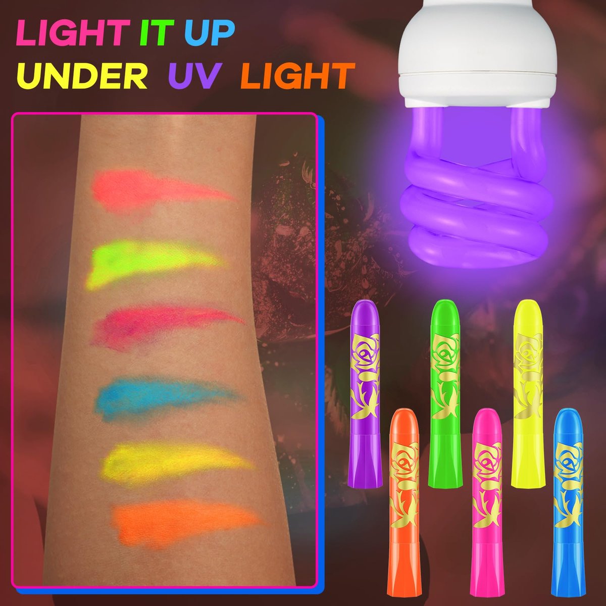 Tenceur 48 Pcs Glow in The Dark Face Body Paint Makeup Kit - UV Black Light Fluorescent Crayons for Adults & Kids, 6 Colors Avelisse