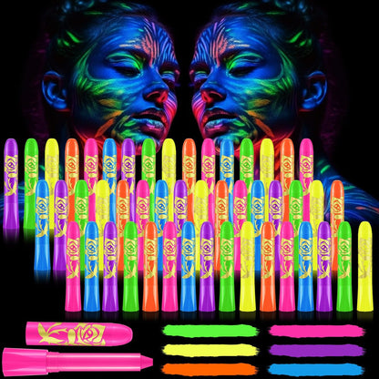 Tenceur 48 Pcs Glow in The Dark Face Body Paint Makeup Kit - UV Black Light Fluorescent Crayons for Adults & Kids, 6 Colors Avelisse