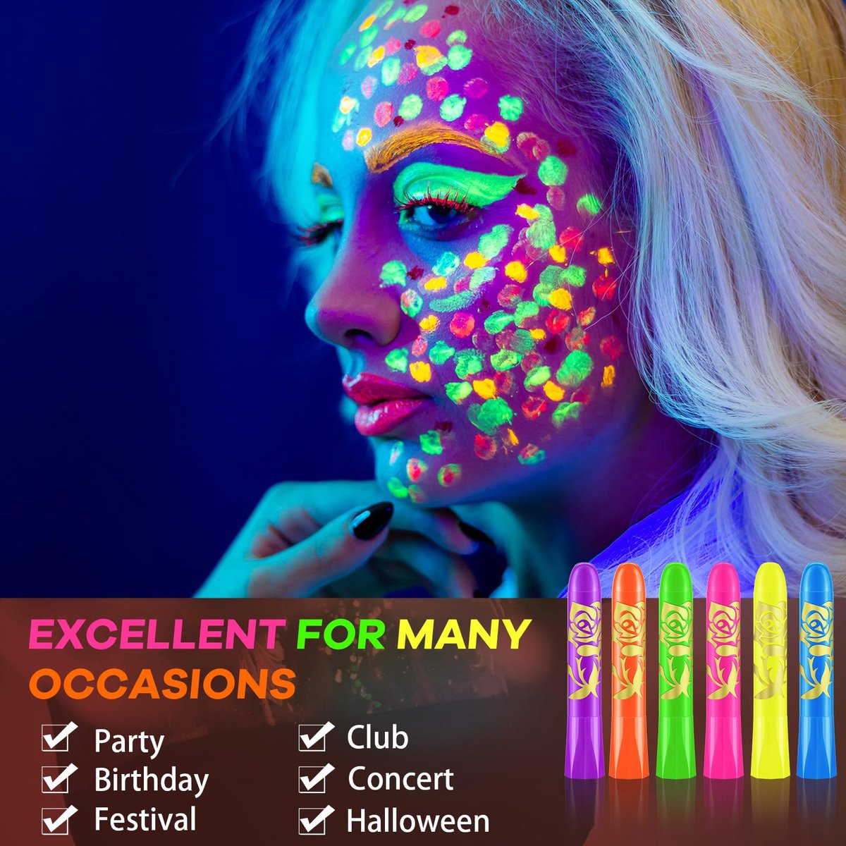 Tenceur 48 Pcs Glow in The Dark Face Body Paint Makeup Kit - UV Black Light Fluorescent Crayons for Adults & Kids, 6 Colors Avelisse