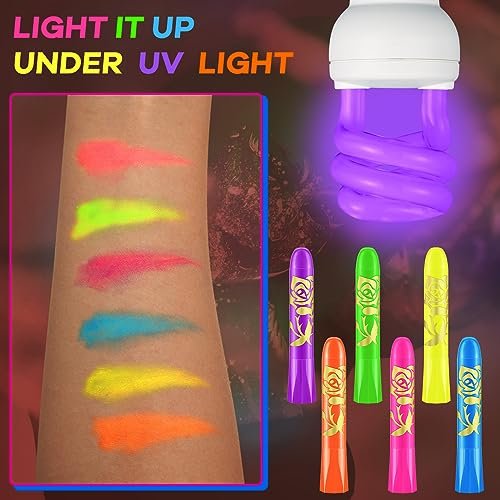 Tenceur 48 Pcs Glow in The Dark Face Body Paint Makeup Kit - UV Black Light Fluorescent Crayons for Adults & Kids, 6 Colors Avelisse