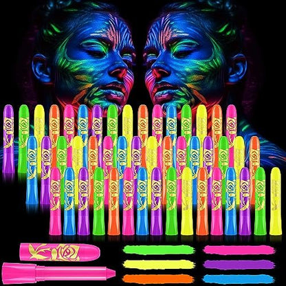 Tenceur 48 Pcs Glow in The Dark Face Body Paint Makeup Kit - UV Black Light Fluorescent Crayons for Adults & Kids, 6 Colors Avelisse