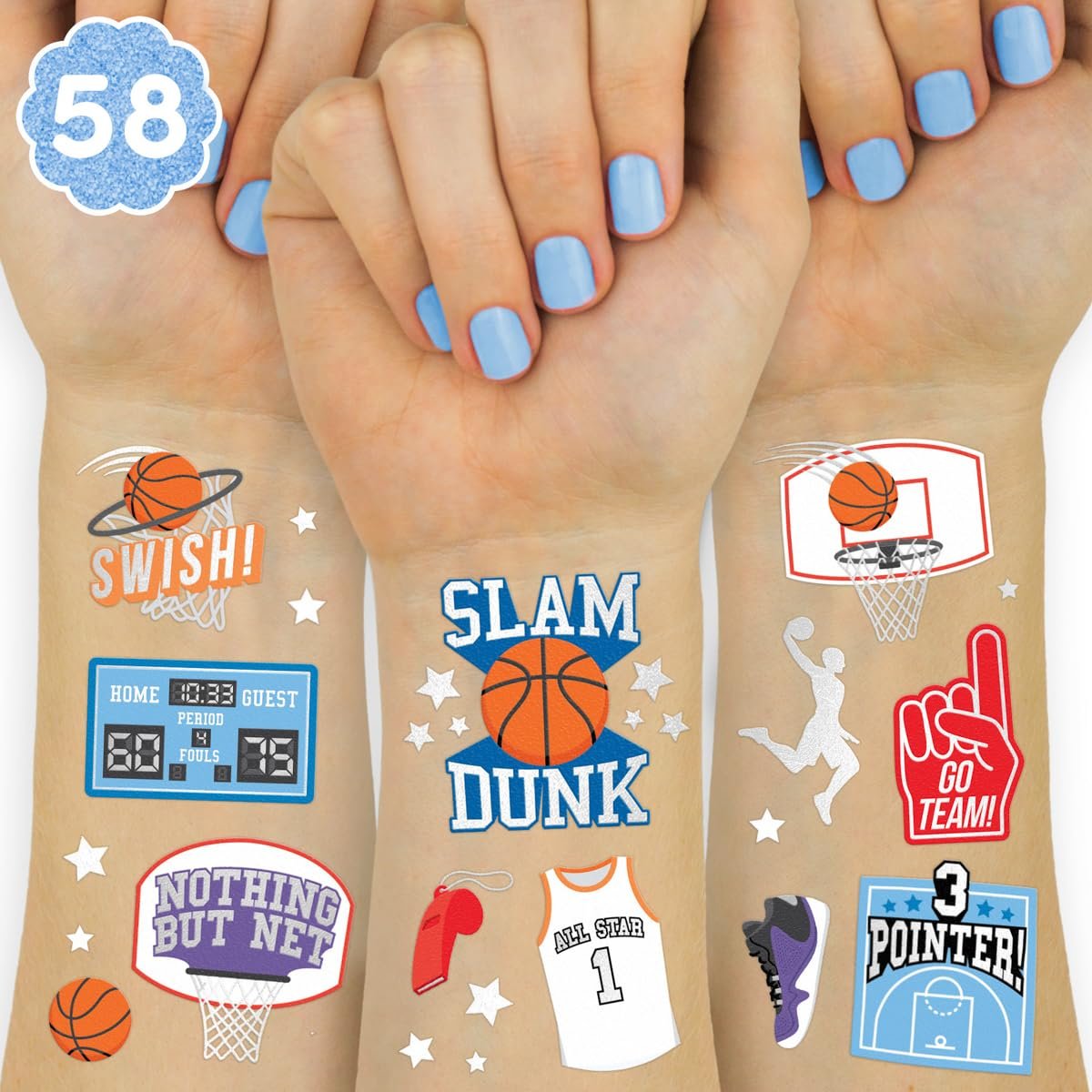 xo, Fetti Basketball Temporary Tattoo - 58 Foil Styles for Slam Dunk Party Favors & Goodie Bags - görsel 1