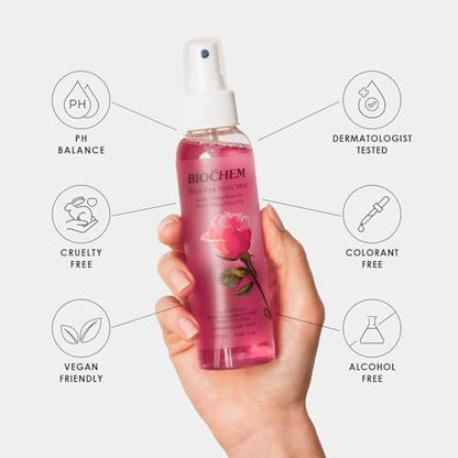 BIOCHEM Rosa Vita Tonic Mist – 3-in-1 Rose Water Toner, Face Mist & Makeup Finishing Spray with Rose Oil & Vitamins B | Hydrating & pH Balancing Mist for All Skin Types (4.05 fl oz / 120 mL)