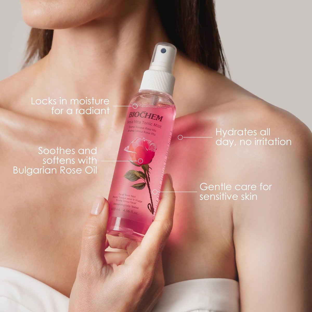BIOCHEM Rosa Vita Tonic Mist – 3-in-1 Rose Water Toner, Face Mist & Makeup Finishing Spray with Rose Oil & Vitamins B | Hydrating & pH Balancing Mist for All Skin Types (4.05 fl oz / 120 mL) - görsel 7