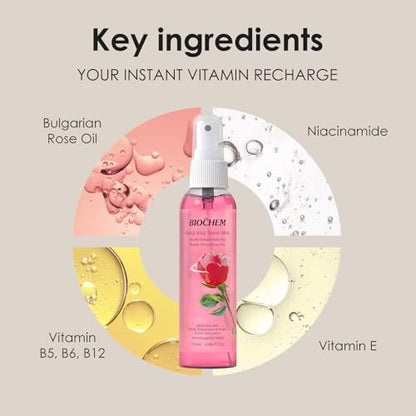 BIOCHEM Rosa Vita Tonic Mist – 3-in-1 Rose Water Toner, Face Mist & Makeup Finishing Spray with Rose Oil & Vitamins B | Hydrating & pH Balancing Mist for All Skin Types (4.05 fl oz / 120 mL)