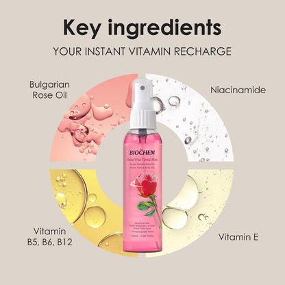 BIOCHEM Rosa Vita Tonic Mist – 3-in-1 Rose Water Toner, Face Mist & Makeup Finishing Spray with Rose Oil & Vitamins B | Hydrating & pH Balancing Mist for All Skin Types (4.05 fl oz / 120 mL)