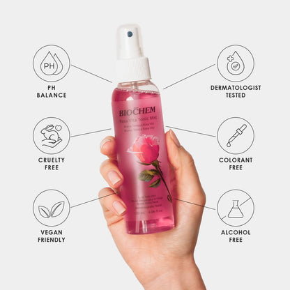 BIOCHEM Rosa Vita Tonic Mist – 3-in-1 Rose Water Toner, Face Mist & Makeup Finishing Spray with Rose Oil & Vitamins B | Hydrating & pH Balancing Mist for All Skin Types (4.05 fl oz / 120 mL)