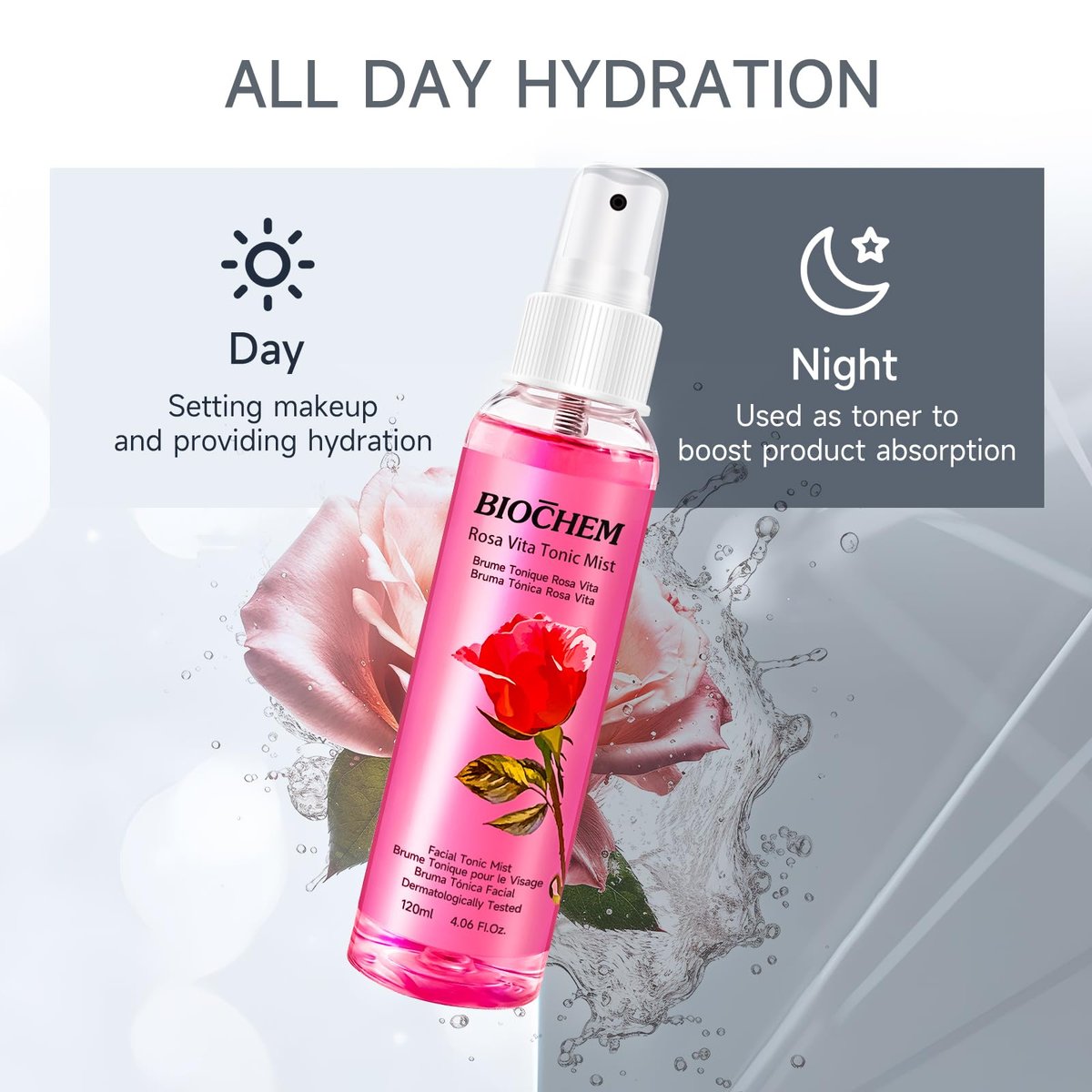 BIOCHEM Rosa Vita Tonic Mist – 3-in-1 Rose Water Toner, Face Mist & Makeup Finishing Spray with Rose Oil & Vitamins B | Hydrating & pH Balancing Mist for All Skin Types (4.05 fl oz / 120 mL) - görsel 15