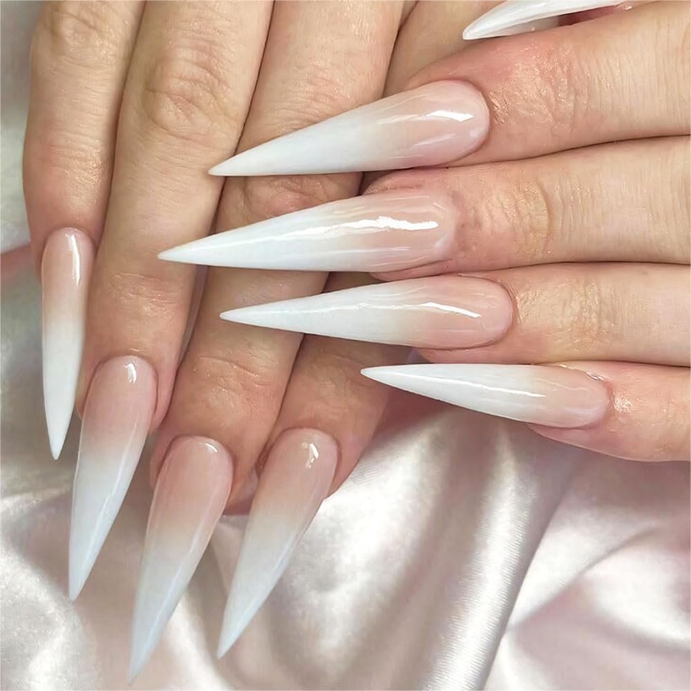 Extra Long Stiletto French Tip Press On Nails - Gradient Pink to White Fake Nails 24 Pcs - görsel 1
