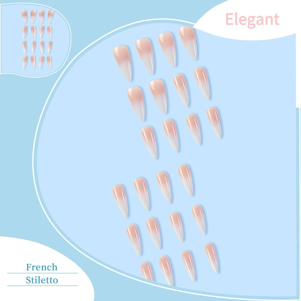 Extra Long Stiletto French Tip Press On Nails - Gradient Pink to White Fake Nails 24 Pcs - görsel 3