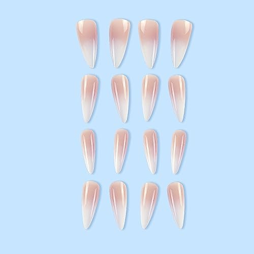 Extra Long Stiletto French Tip Press On Nails - Gradient Pink to White Fake Nails 24 Pcs - görsel 6