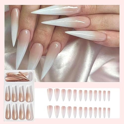 Extra Long Stiletto French Tip Press On Nails - Gradient Pink to White Fake Nails 24 Pcs - görsel 8