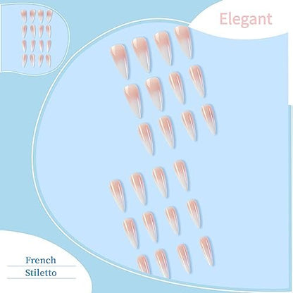 Extra Long Stiletto French Tip Press On Nails - Gradient Pink to White Fake Nails 24 Pcs