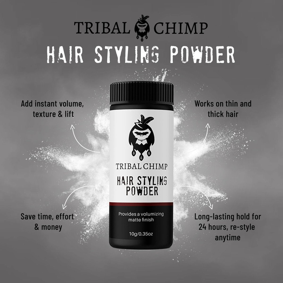 Tribal Chimp Hair Styling Powder - All-Day Invisible Hold Volumizer & Texture Powder for Men and Women, Matte Finish, 6-Piece Set (10g Each) Avelisse