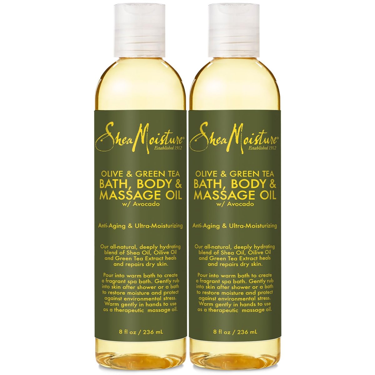 SheaMoisture Olive & Green Tea Bath, Body & Massage Oil 2-Pack – Anti-Aging & Ultra-Moisturizing for Dry Skin, 8 oz Each Avelisse