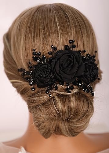 Kercisbeauty Sofe Chiffon Black Rose Flower Headband with Rhinestones Crystal Beads - Handmade Black Hair Jewelry for Women and Girls, Wedding Hair Piece Avelisse