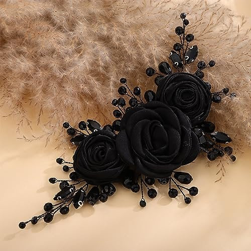 Kercisbeauty Sofe Chiffon Black Rose Flower Headband with Rhinestones Crystal Beads - Handmade Black Hair Jewelry for Women and Girls, Wedding Hair Piece Avelisse