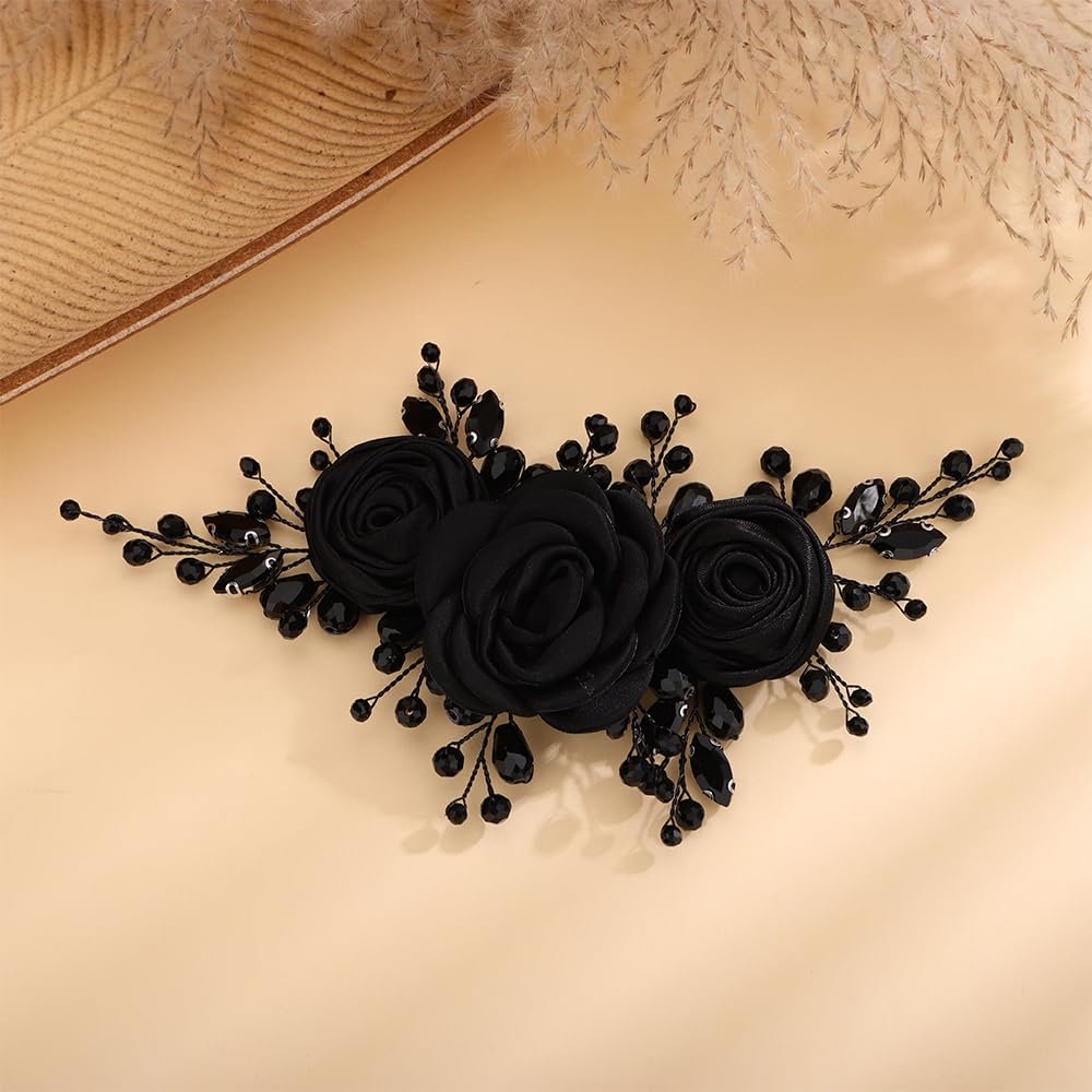 Kercisbeauty Sofe Chiffon Black Rose Flower Headband with Rhinestones Crystal Beads - Handmade Black Hair Jewelry for Women and Girls, Wedding Hair Piece Avelisse