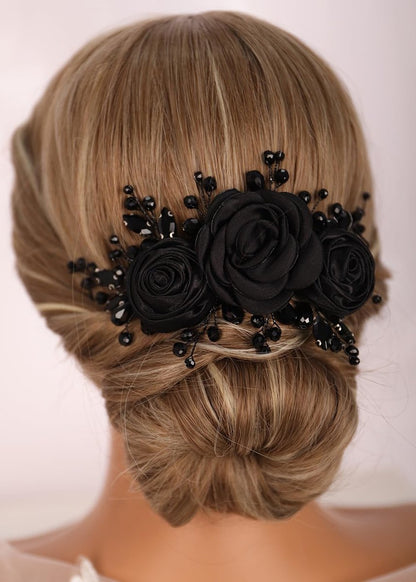 Kercisbeauty Sofe Chiffon Black Rose Flower Headband with Rhinestones Crystal Beads - Handmade Black Hair Jewelry for Women and Girls, Wedding Hair Piece Avelisse