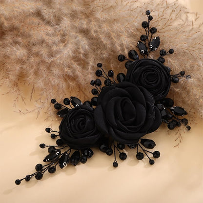 Kercisbeauty Sofe Chiffon Black Rose Flower Headband with Rhinestones Crystal Beads - Handmade Black Hair Jewelry for Women and Girls, Wedding Hair Piece Avelisse