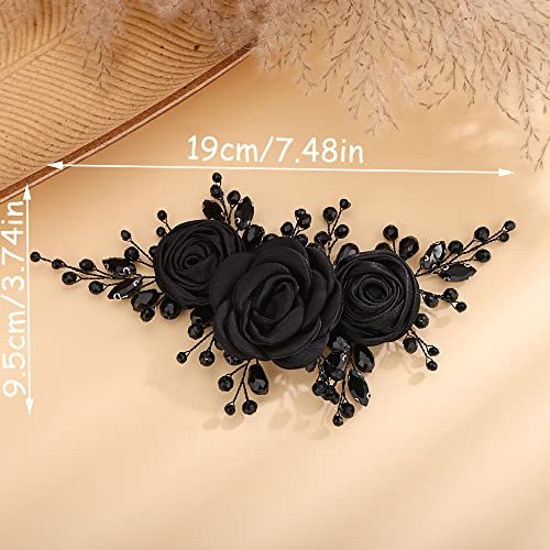 Kercisbeauty Sofe Chiffon Black Rose Flower Headband with Rhinestones Crystal Beads - Handmade Black Hair Jewelry for Women and Girls, Wedding Hair Piece Avelisse