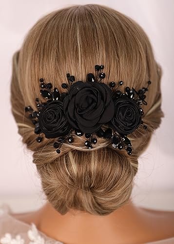 Kercisbeauty Sofe Chiffon Black Rose Flower Headband with Rhinestones Crystal Beads - Handmade Black Hair Jewelry for Women and Girls, Wedding Hair Piece Avelisse