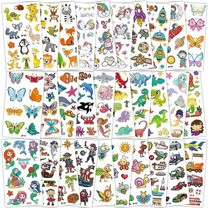 Habett 300+ Mixed Styles Temporary Tattoos for Kids - Space, Dinosaur, Animals, Butterfly Designs - Safe & Easy to Apply - Perfect for Birthday Party Supplies