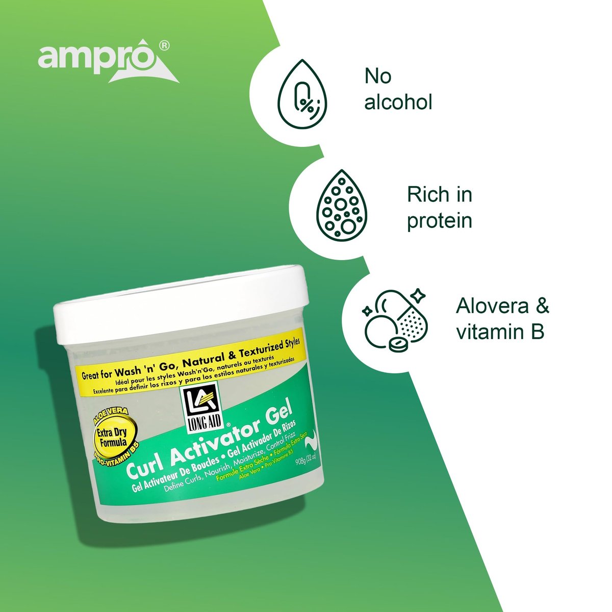 AmPro Long-Aid Activator Gel - Extra Dry, 32 oz - Aloe Vera, Protein & Vitamin B Complex for Defined Natural Curls Avelisse
