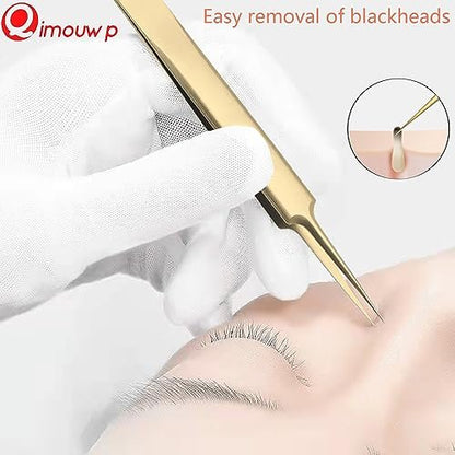 16 PCS Blackhead Remover Tool Kit - Pimple Popper Tweezers Set for Acne Comedones Extraction, Stainless Steel Face Beauty Tools (Golden) Avelisse