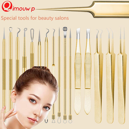 16 PCS Blackhead Remover Tool Kit - Pimple Popper Tweezers Set for Acne Comedones Extraction, Stainless Steel Face Beauty Tools (Golden) Avelisse