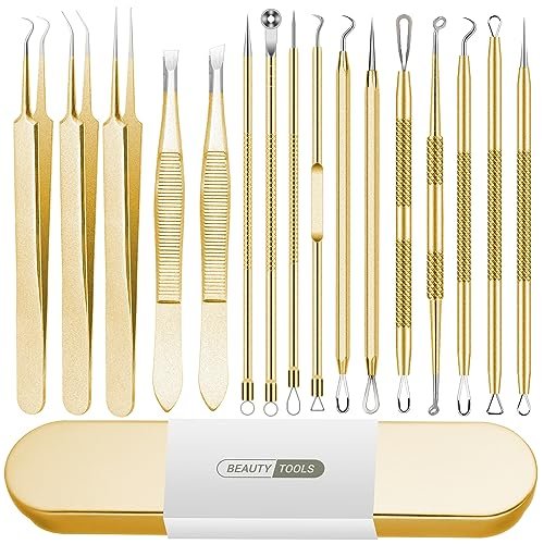 16 PCS Blackhead Remover Tool Kit - Pimple Popper Tweezers Set for Acne Comedones Extraction, Stainless Steel Face Beauty Tools (Golden) Avelisse