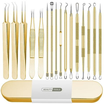 16 PCS Blackhead Remover Tool Kit - Pimple Popper Tweezers Set for Acne Comedones Extraction, Stainless Steel Face Beauty Tools (Golden) Avelisse