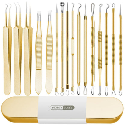 16 PCS Blackhead Remover Tool Kit - Pimple Popper Tweezers Set for Acne Comedones Extraction, Stainless Steel Face Beauty Tools (Golden) Avelisse