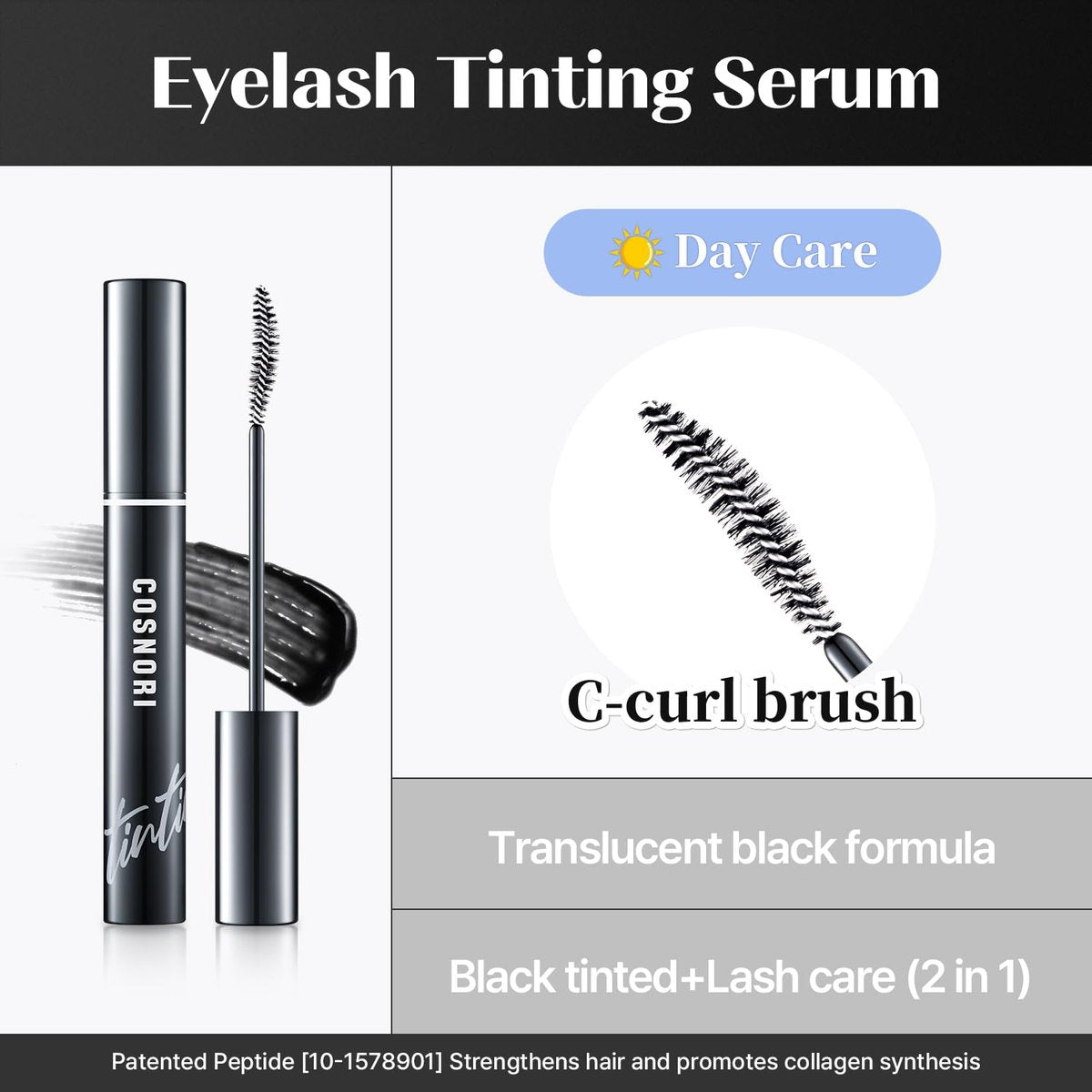 COSNORI Eyelash Tinting Serum 01 Deep Black - Korean Eyelash Boost Tinted Serum for Longer, Thicker Lashes & Brows - Lash Perm Essential - Vegan & Irritation Free, 0.3 fl.oz / 9g Avelisse