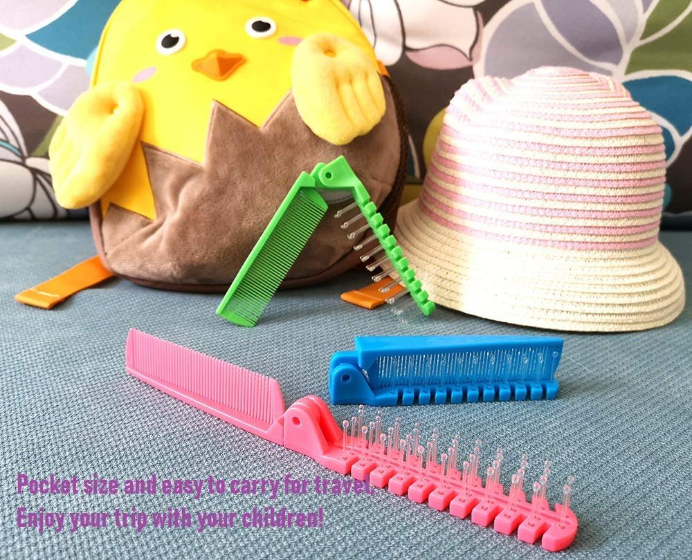 FonteeUS 3pcs Hair Brush Set - Folding Travel Brush, Fine Tooth Pocket Comb, Massage Head & Baby Braiding Brush for Kids and Adults in Green/Pink/Blue - görsel 5