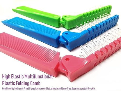 FonteeUS 3pcs Hair Brush Set - Folding Travel Brush, Fine Tooth Pocket Comb, Massage Head & Baby Braiding Brush for Kids and Adults in Green/Pink/Blue