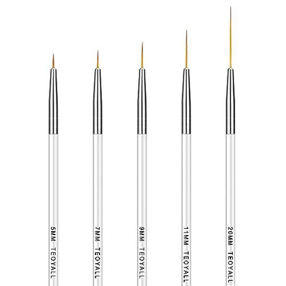 TEOYALL Fine Liner Brush Set - 5/7/9/11/20mm Nail Art Striping Brushes for Detail Drawing & Gel Polish