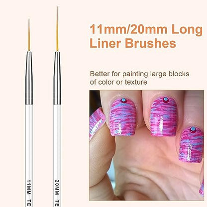 TEOYALL Fine Liner Brush Set - 5/7/9/11/20mm Nail Art Striping Brushes for Detail Drawing & Gel Polish