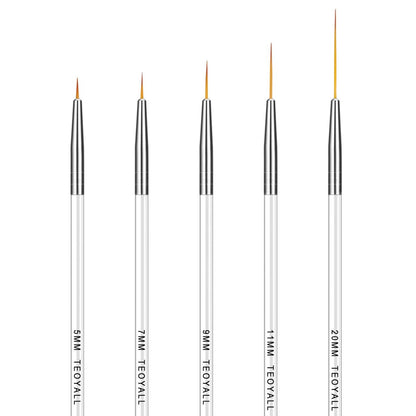 TEOYALL Fine Liner Brush Set - 5/7/9/11/20mm Nail Art Striping Brushes for Detail Drawing & Gel Polish