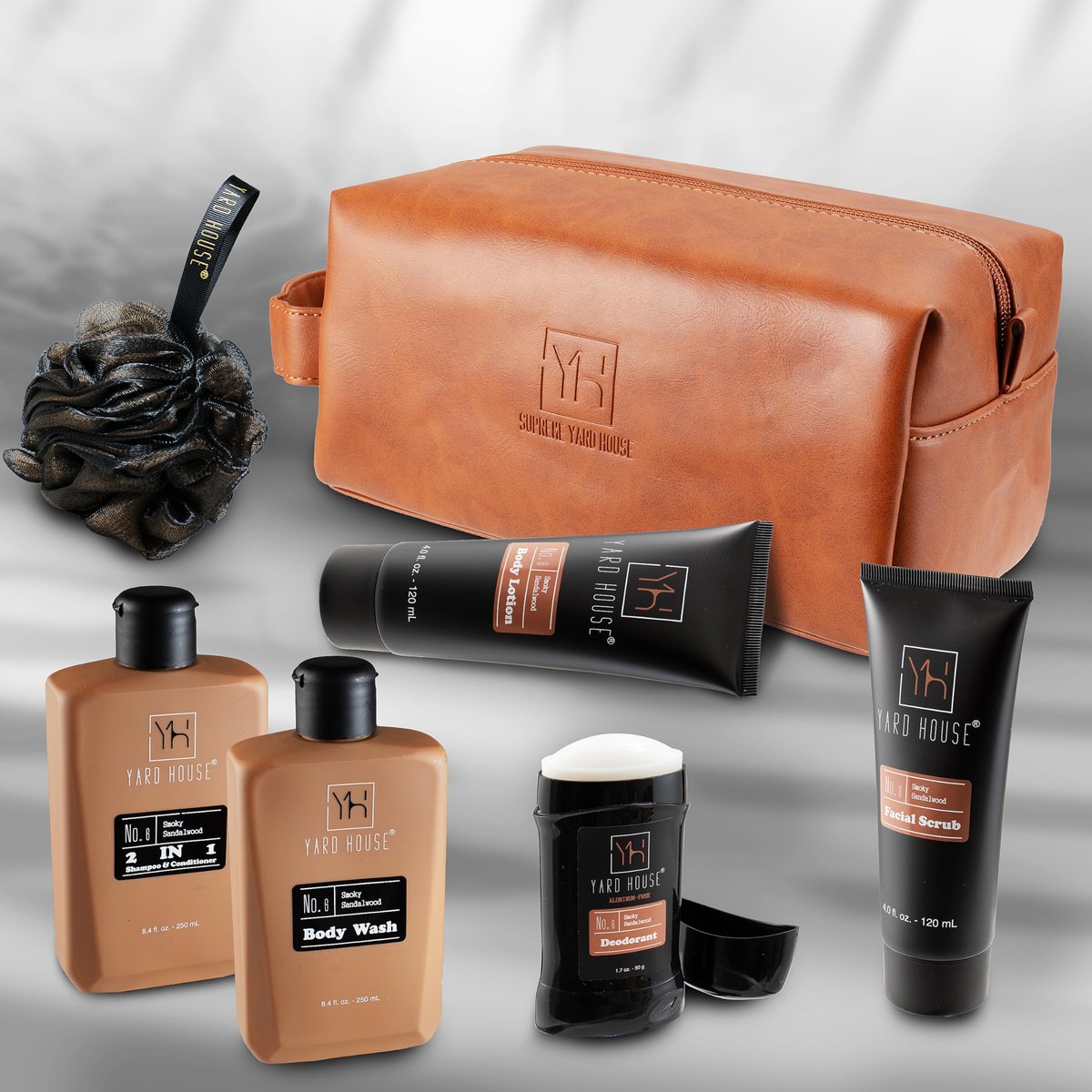 YARD HOUSE Luxury Men's Bath and Body Gift Set – Smoky Sandalwood All-Natural Skin Care Kit with Full-Size Body Wash, Facial Scrub, Body Lotion, Deodorant in Leather Toiletry Bag Avelisse