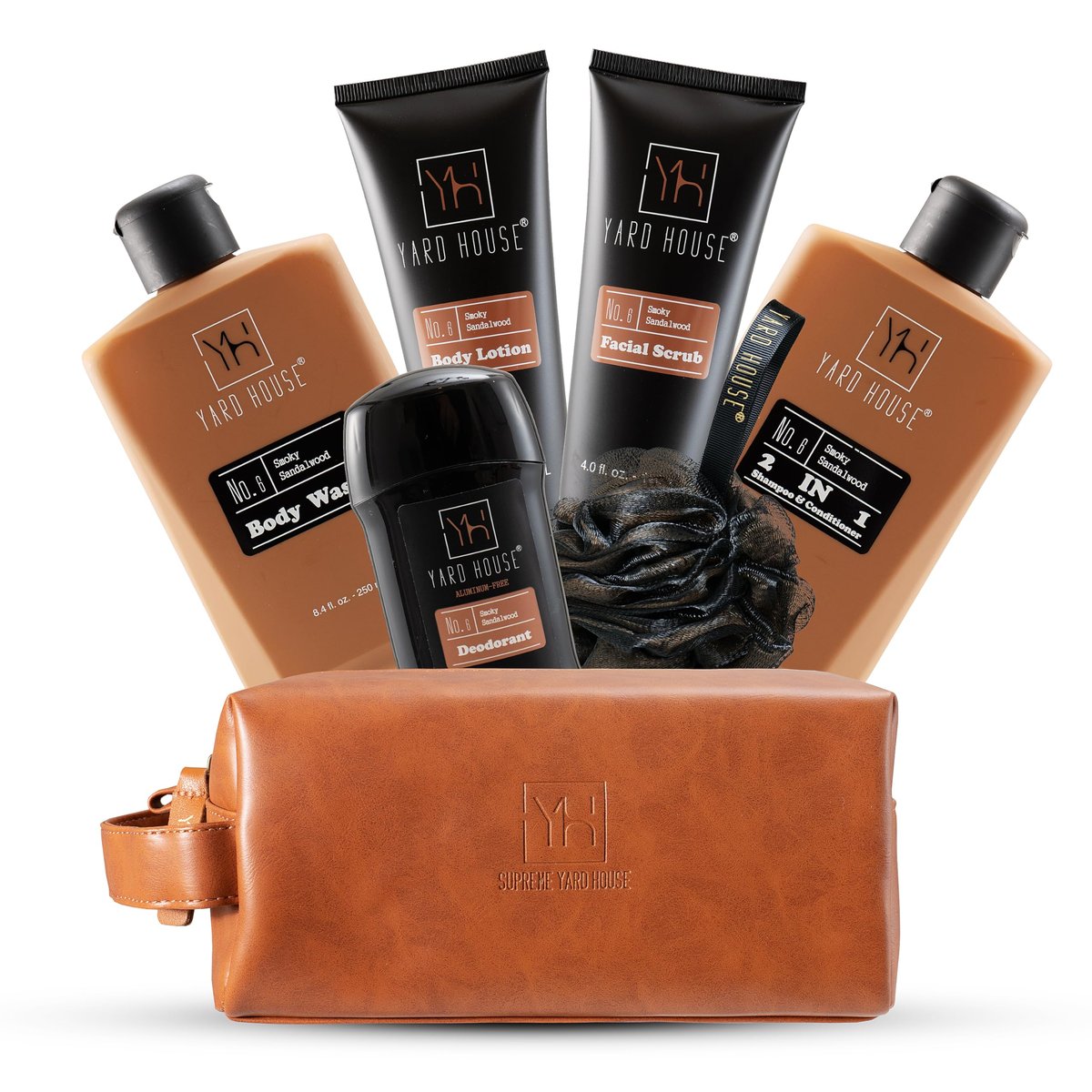 YARD HOUSE Luxury Men's Bath and Body Gift Set – Smoky Sandalwood All-Natural Skin Care Kit with Full-Size Body Wash, Facial Scrub, Body Lotion, Deodorant in Leather Toiletry Bag Avelisse