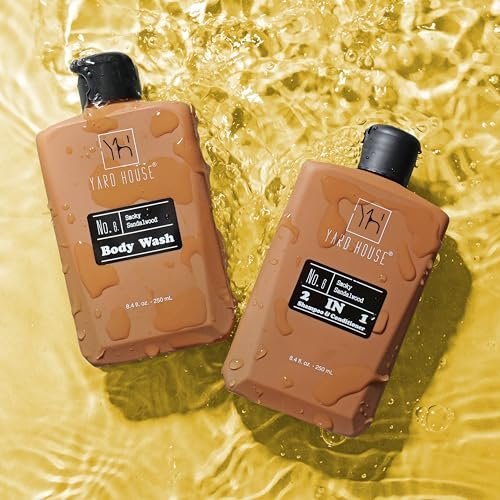 YARD HOUSE Luxury Men's Bath and Body Gift Set – Smoky Sandalwood All-Natural Skin Care Kit with Full-Size Body Wash, Facial Scrub, Body Lotion, Deodorant in Leather Toiletry Bag Avelisse
