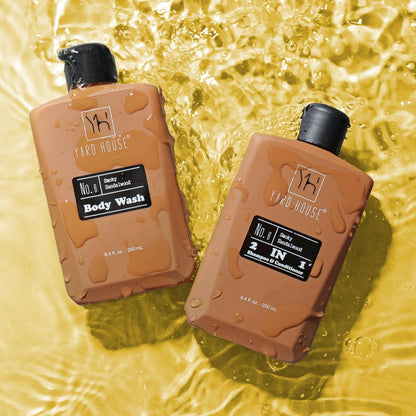 YARD HOUSE Luxury Men's Bath and Body Gift Set – Smoky Sandalwood All-Natural Skin Care Kit with Full-Size Body Wash, Facial Scrub, Body Lotion, Deodorant in Leather Toiletry Bag Avelisse