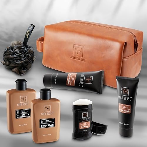 YARD HOUSE Luxury Men's Bath and Body Gift Set – Smoky Sandalwood All-Natural Skin Care Kit with Full-Size Body Wash, Facial Scrub, Body Lotion, Deodorant in Leather Toiletry Bag Avelisse