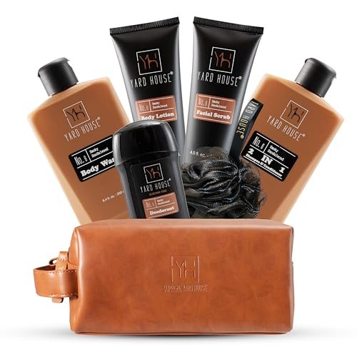 YARD HOUSE Luxury Men's Bath and Body Gift Set – Smoky Sandalwood All-Natural Skin Care Kit with Full-Size Body Wash, Facial Scrub, Body Lotion, Deodorant in Leather Toiletry Bag Avelisse