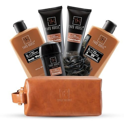 YARD HOUSE Luxury Men's Bath and Body Gift Set – Smoky Sandalwood All-Natural Skin Care Kit with Full-Size Body Wash, Facial Scrub, Body Lotion, Deodorant in Leather Toiletry Bag Avelisse