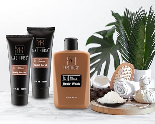 YARD HOUSE Luxury Men's Bath and Body Gift Set – Smoky Sandalwood All-Natural Skin Care Kit with Full-Size Body Wash, Facial Scrub, Body Lotion, Deodorant in Leather Toiletry Bag Avelisse