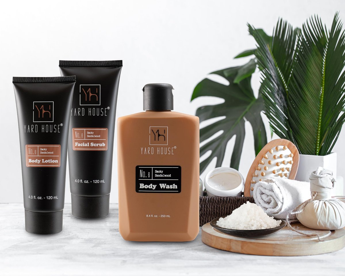 YARD HOUSE Luxury Men's Bath and Body Gift Set – Smoky Sandalwood All-Natural Skin Care Kit with Full-Size Body Wash, Facial Scrub, Body Lotion, Deodorant in Leather Toiletry Bag Avelisse